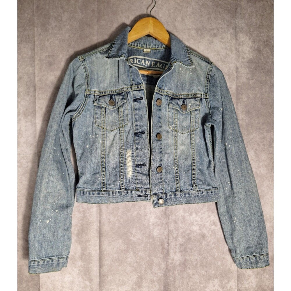 Y2K AMERICAN EAGLE Denim Crop Trucker Jacket Women's M Thrashed Bleached Vintage
